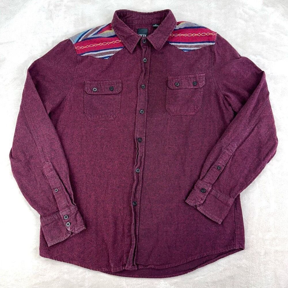 MICROS Shirt Mens Large Burgundy Long Sleeve Aztec Thick Flannel‎ Button Up